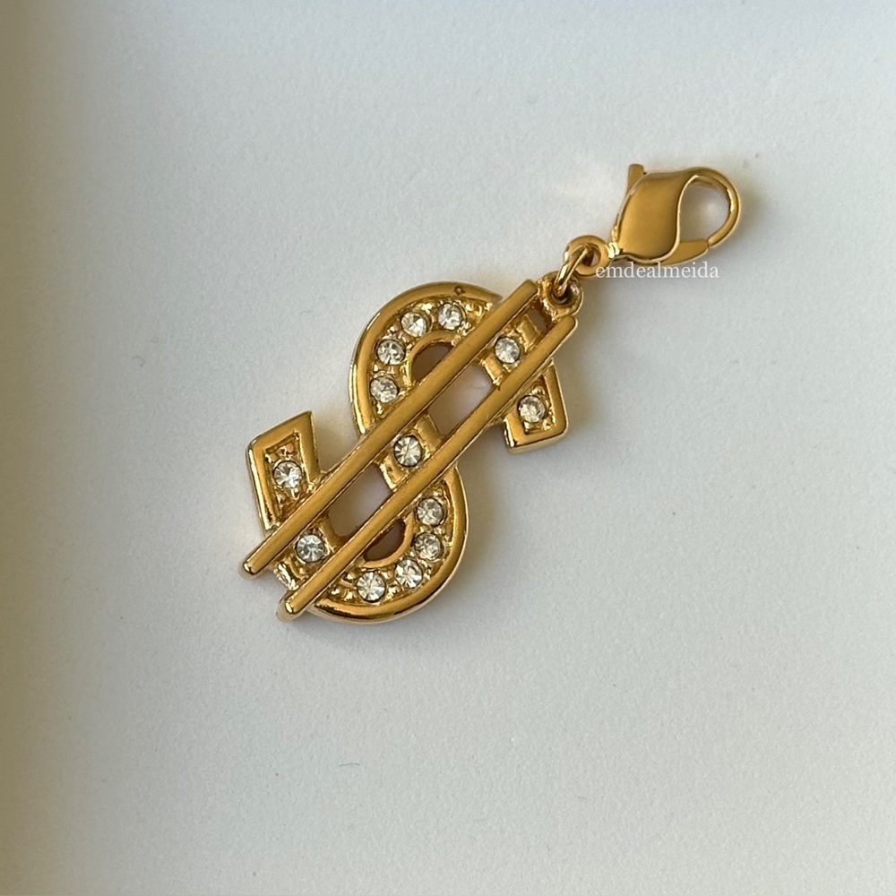 Swarovski Crystal $ Dollar Sign Gold Tone Black Enamel Charm For Bracelet